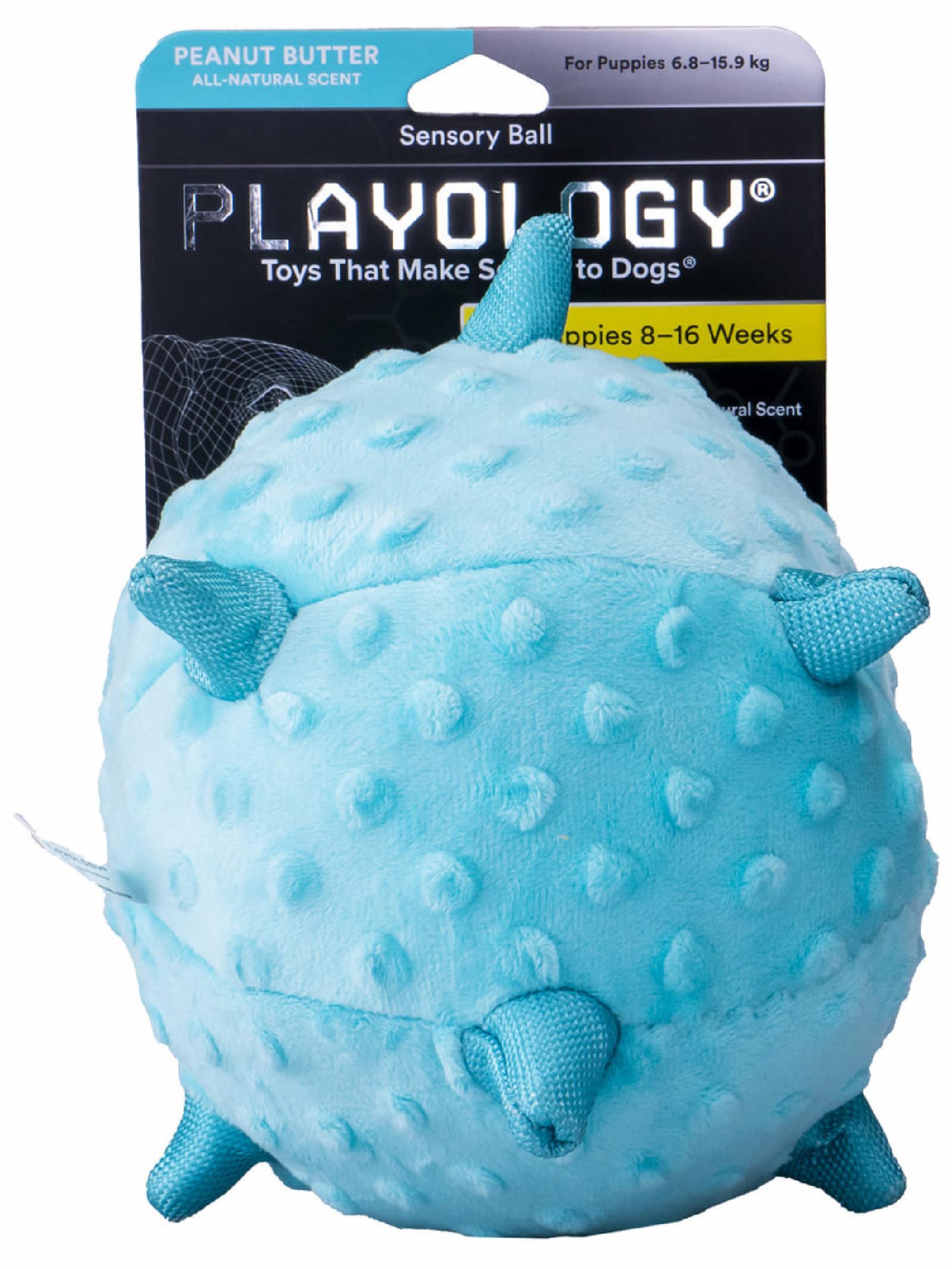 Сенсорный плюшевый мяч Playology PUPPY SENSORY BALL 11 см для щенков, с ароматом арахиса, цвет голубой. 11 см