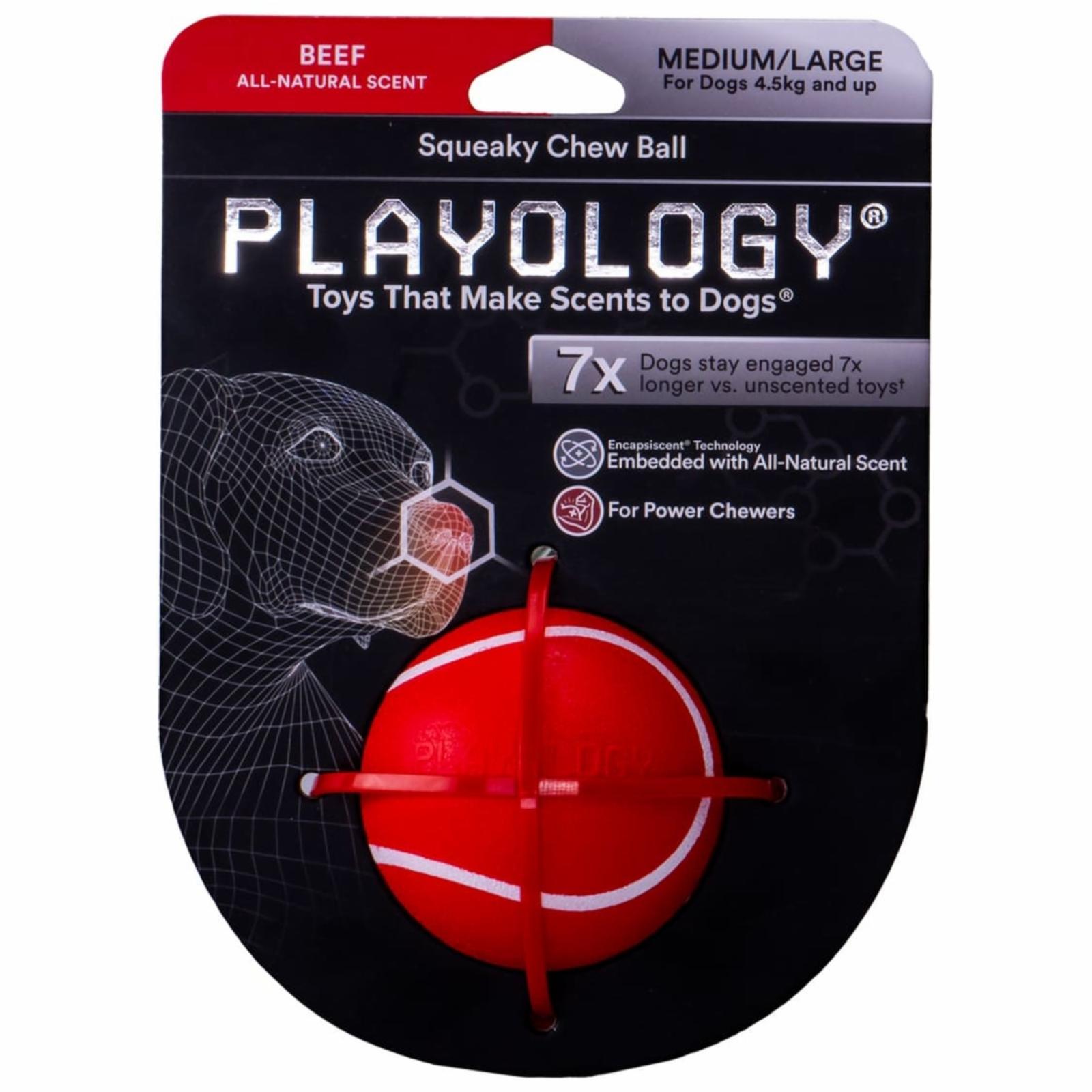 жевательный мяч Playology SQUEAKY CHEW BALL с пищалкой и с ароматом говядины, цвет красный. 87 г