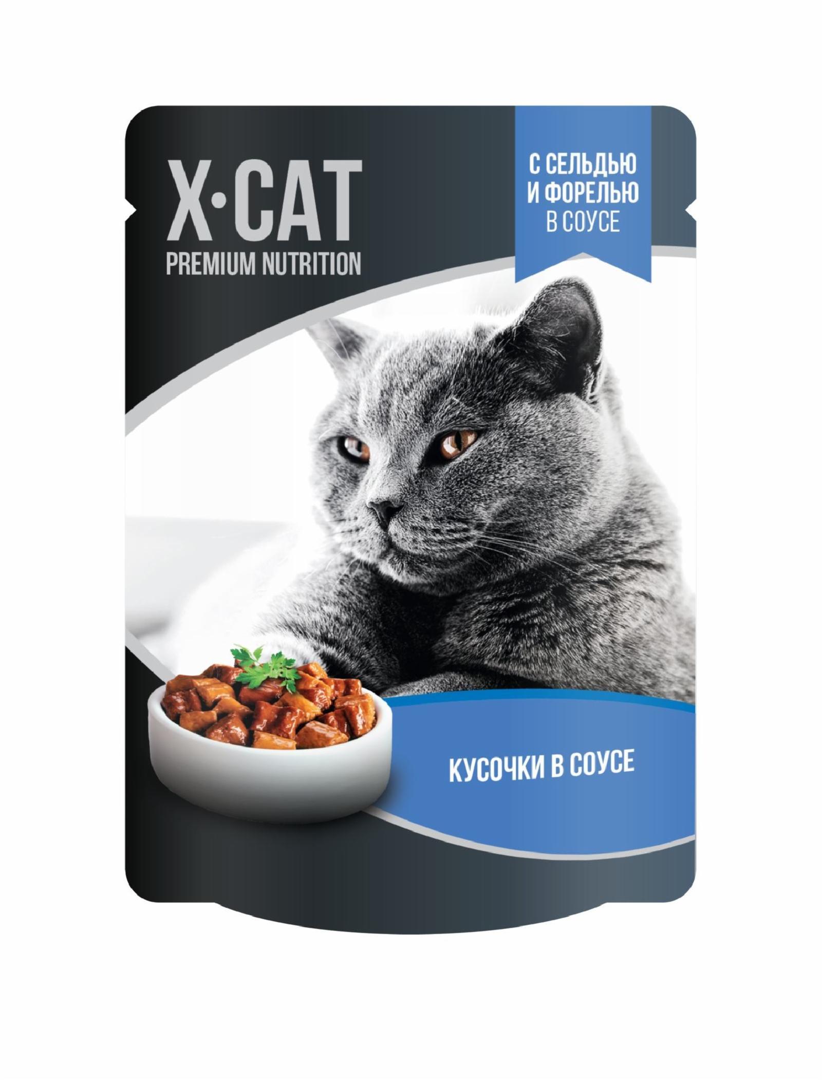 X-CAT | Влажный корм с сельдью и форелью в соусе для кошек. 85 г