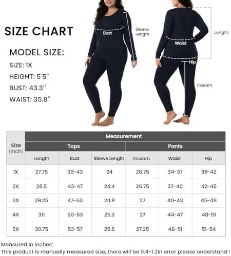 Женская Пижама HOdo HOdo Plus Size Thermal Underwear Long Johns Fleece Lined Base Layer Top and Bottom Sets 1X-5X