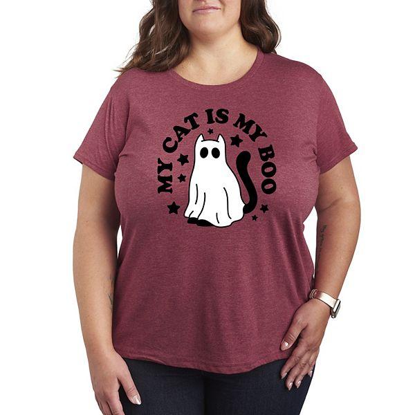 Женская футболка Plus Size с графикой 'My Cat Is My Boo', короткий рукав, вырез горловины