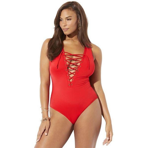 Купальник Swimsuits For All для полных женщин с кружевной отделкой и глубоким V-образным вырезом