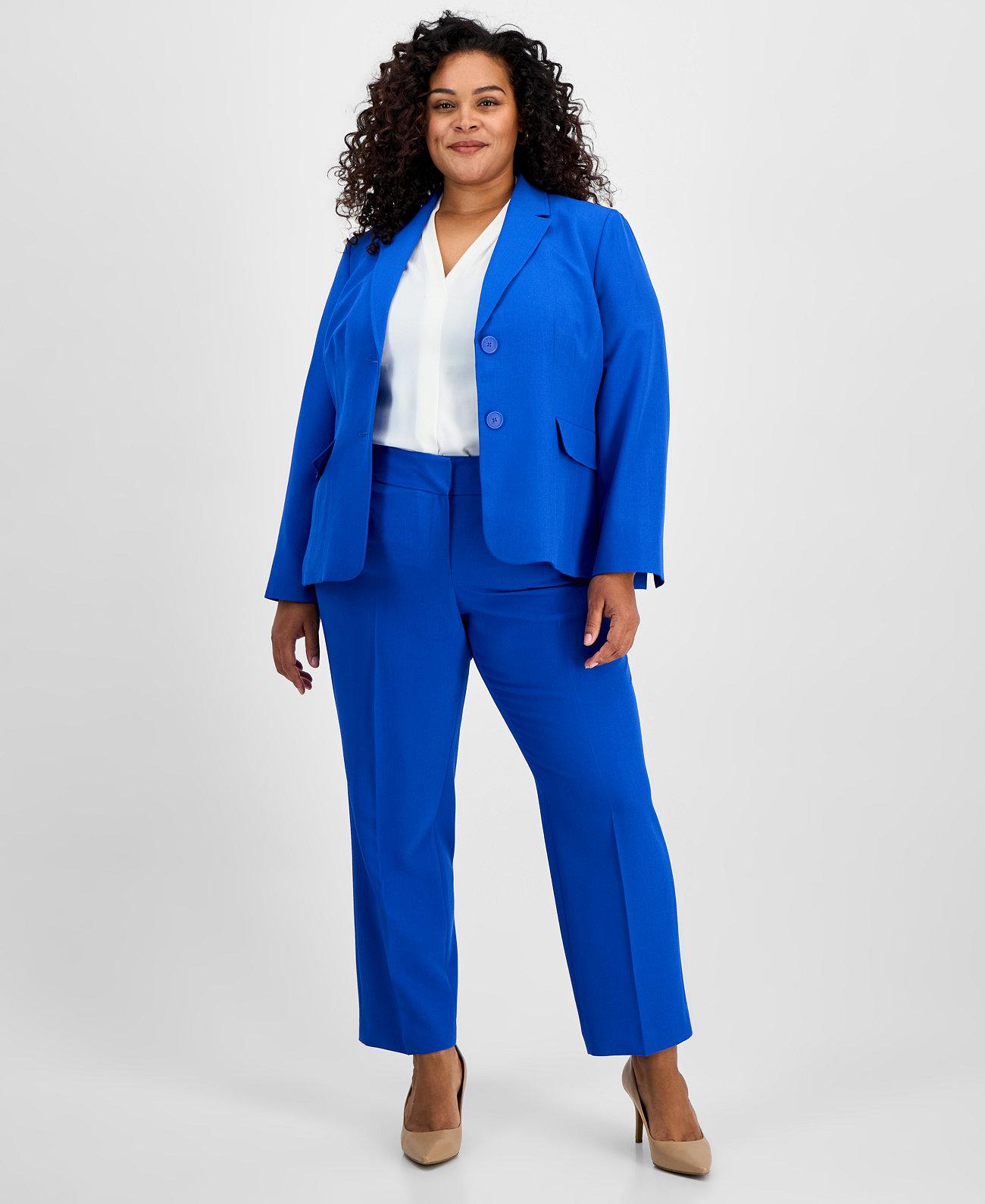 Plus Size Notch-Collar Two-Button Seamed Jacket & Fly-Front Straight-Leg Pants