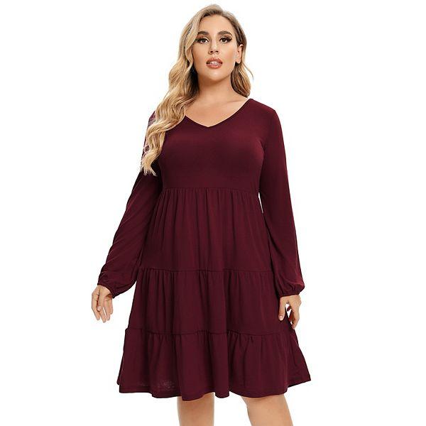 Women's Plus Size Casual Dress Lantern Sleeve Ruffle Hem V Neck Loose Swing Tunic Mini Dress