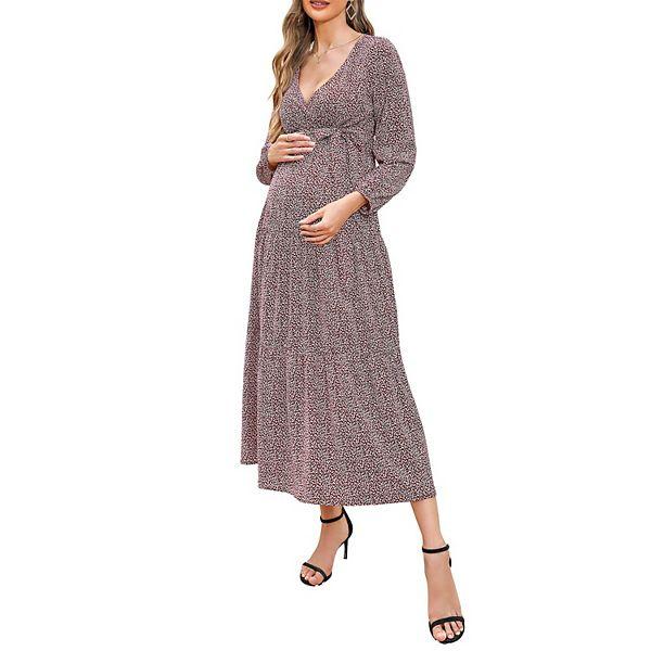 Women's Maternity Dress V-neck Long Sleeve Pleated Maternity Casual Maxi Dresses