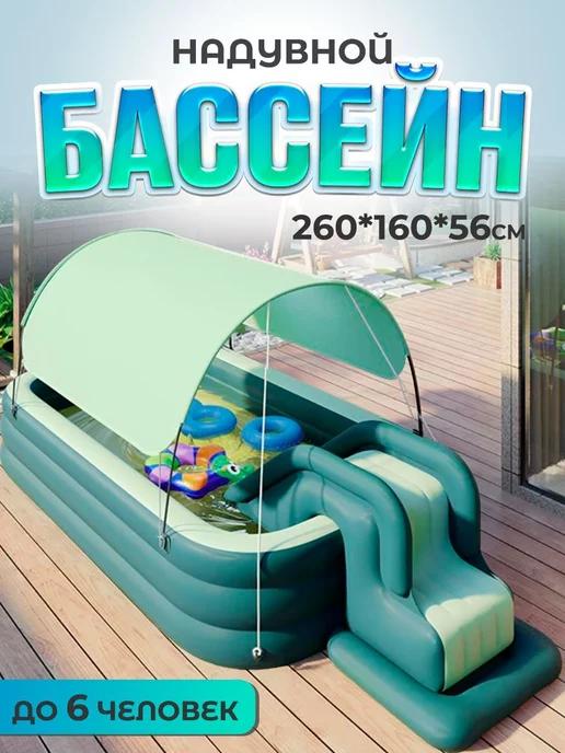 Бассейн детский надувной 2,6 м с крышей, горкой и насосом