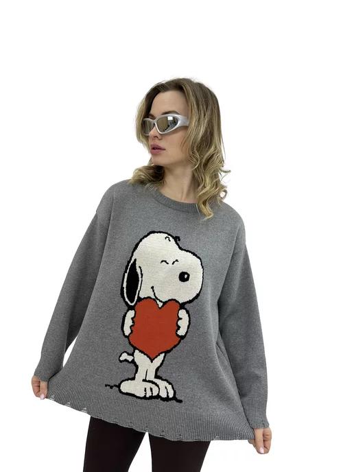 Свитер оверсайз рваный теплая аниме с принтом Snoopy