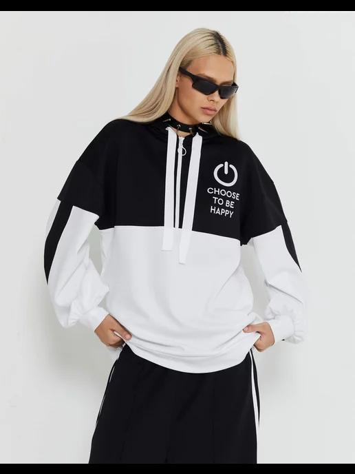 Худи oversize колор-блок на короткой молнии