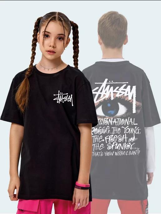 Черная футболка подростковая оверсайз Stussy