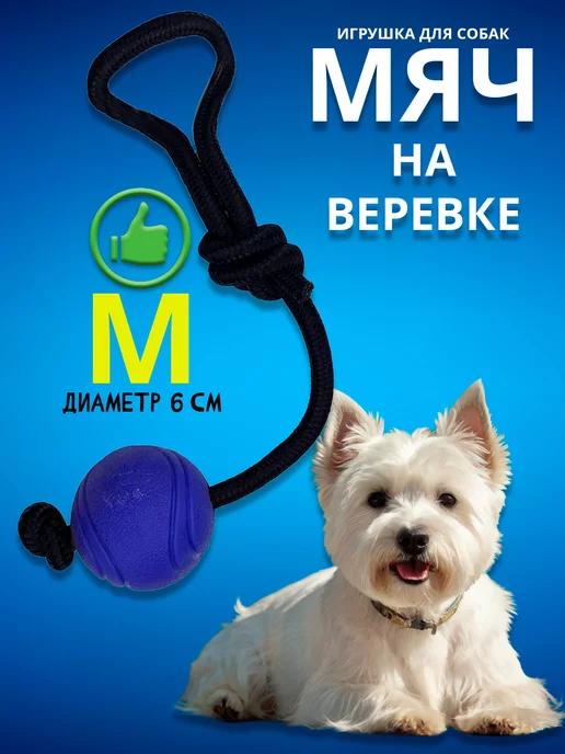 Игрушка Мяч литой M 6 см, на веревке с узлом, синий