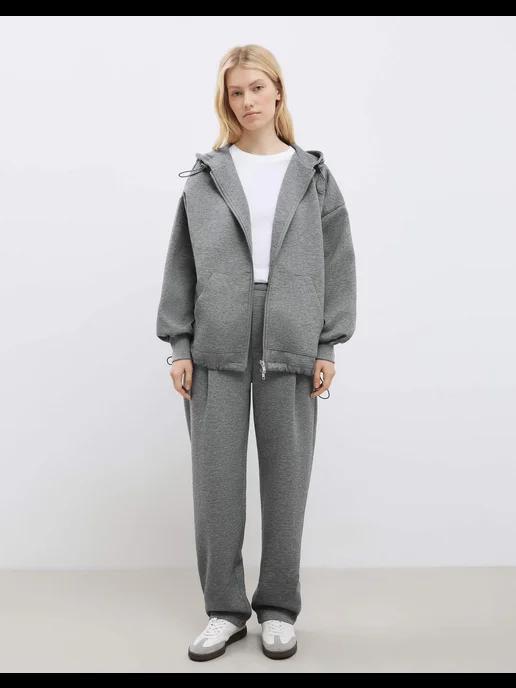 Серая толстовка oversize на молнии с капюшоном