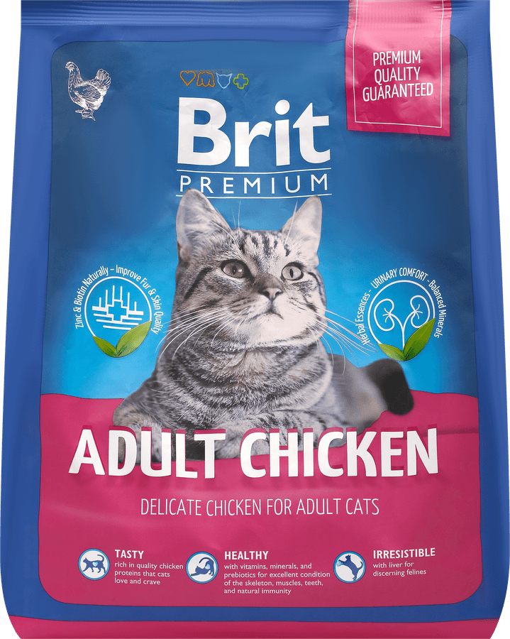 Корм сухой для взрослых кошек BRIT Premium Cat Adult Chicken с курицей, 2кг