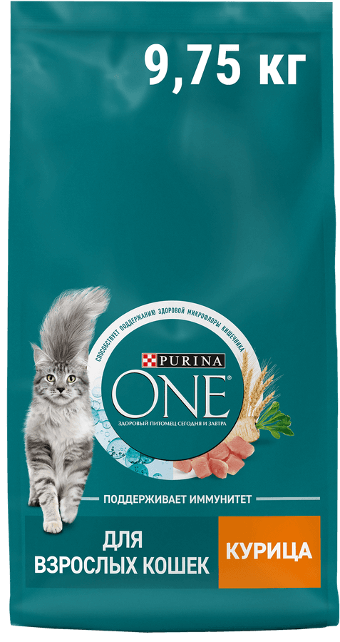 Корм сухой для взрослых кошек PURINA ONE Adult с курицей и цельными 
злаками, 9,75кг