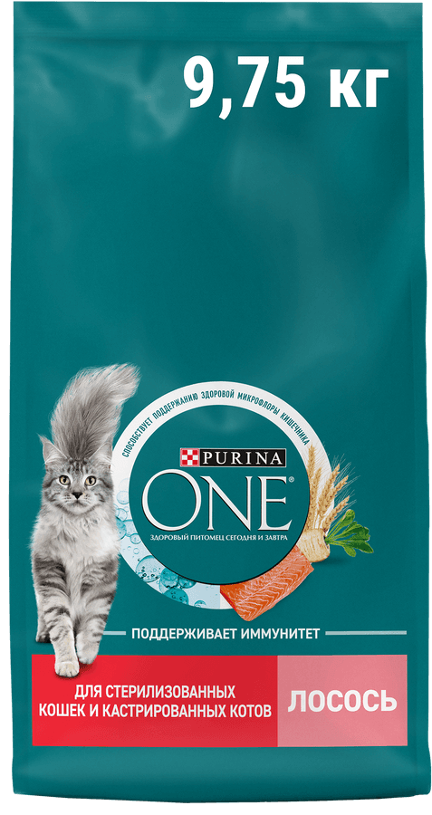 Корм сухой для взрослых кошек PURINA ONE Sterilised с лососем и пшеницей, для стерилизованных, 9,75кг