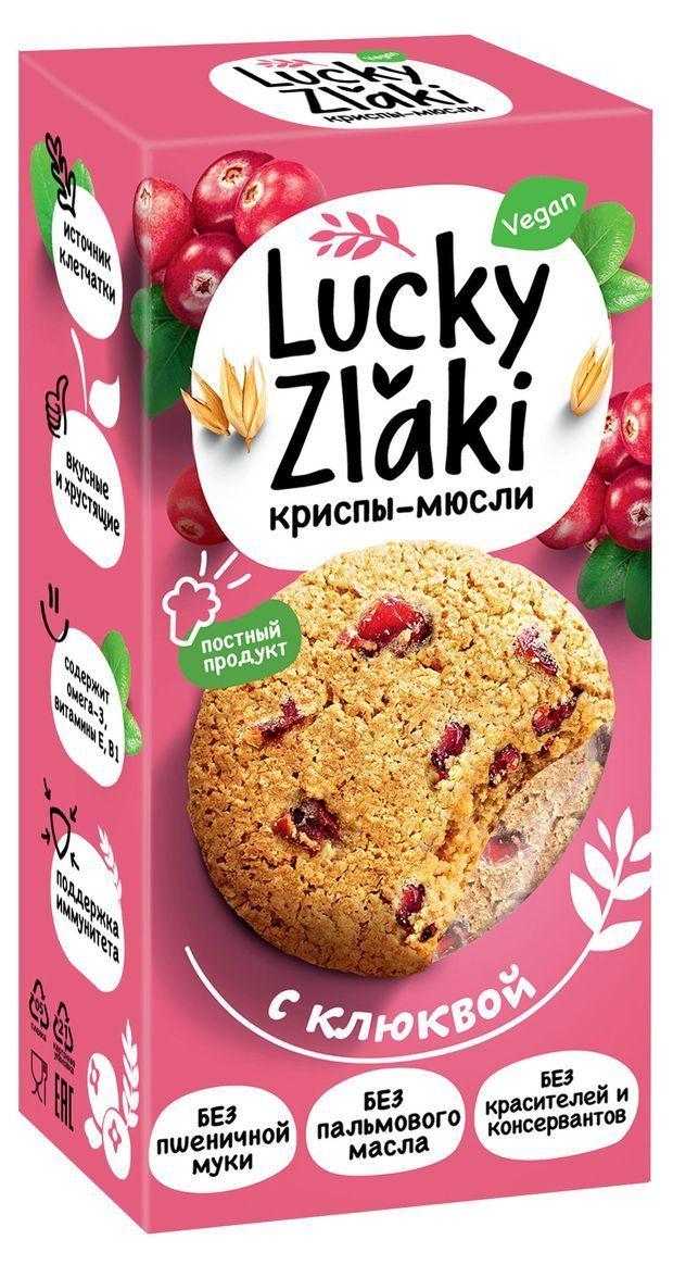 Lucky Zlaki | Lucky Zlaki криспы-мюсли с клюквой, смесь овсяных и ячменных хлопьев, с добавлением воздушной кукурузы, запеченных особым образом, 100 г.