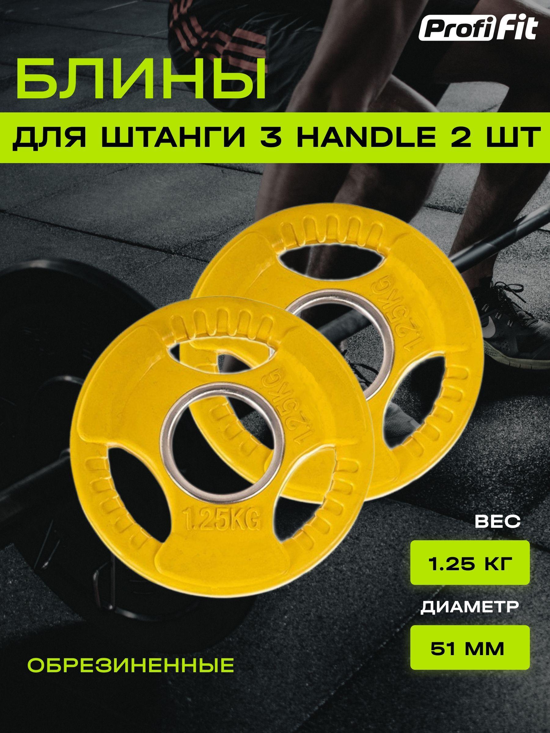 Диски (блины) для штанги обрезиненные PROFI-FIT, цветные 3 HANDLE D-51, 1,25 кг, 2 шт.