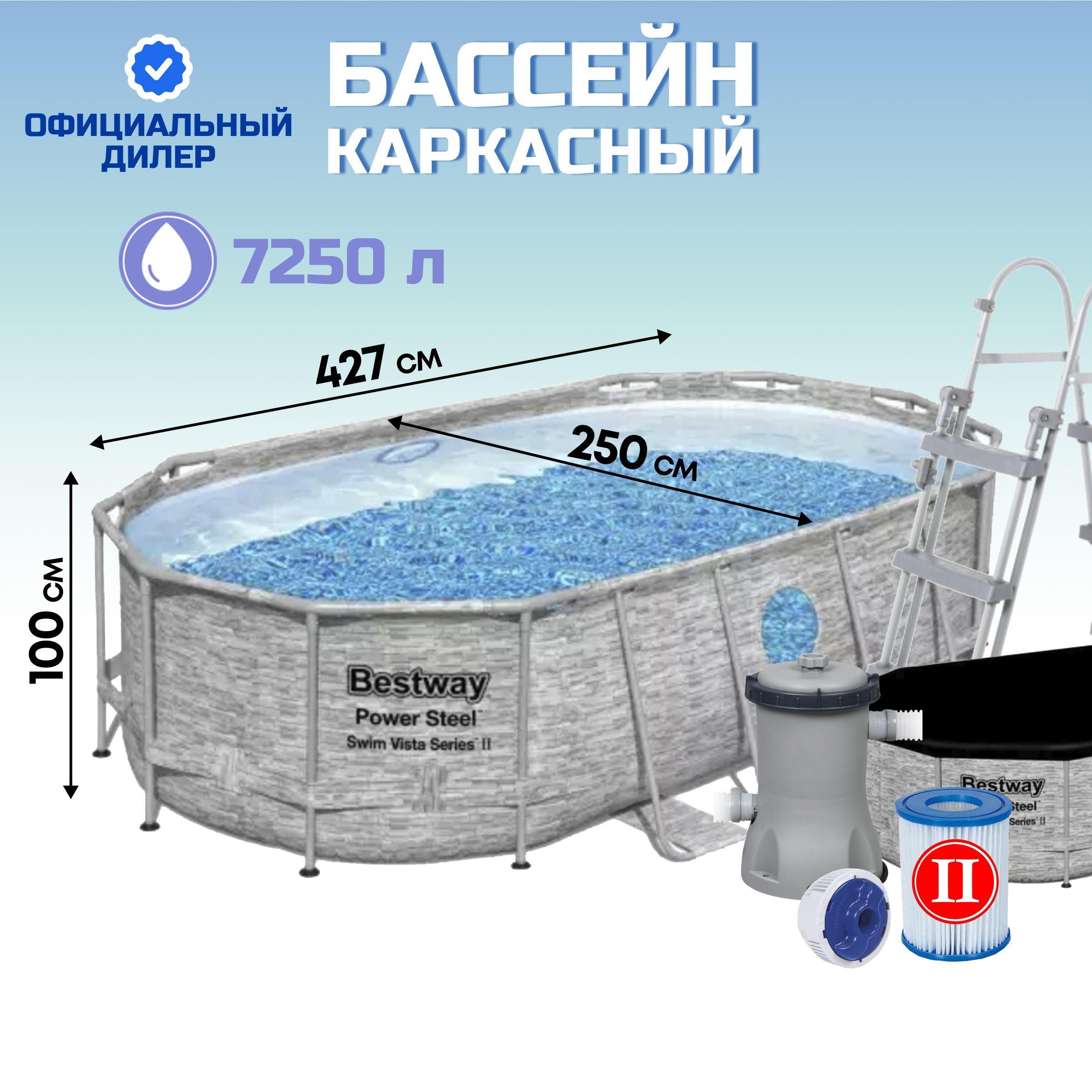 Бассейн каркасный Bestway Power Steel, 427х250х100 см, 7250 л, фильтр-насос, картридж, лестница, тент