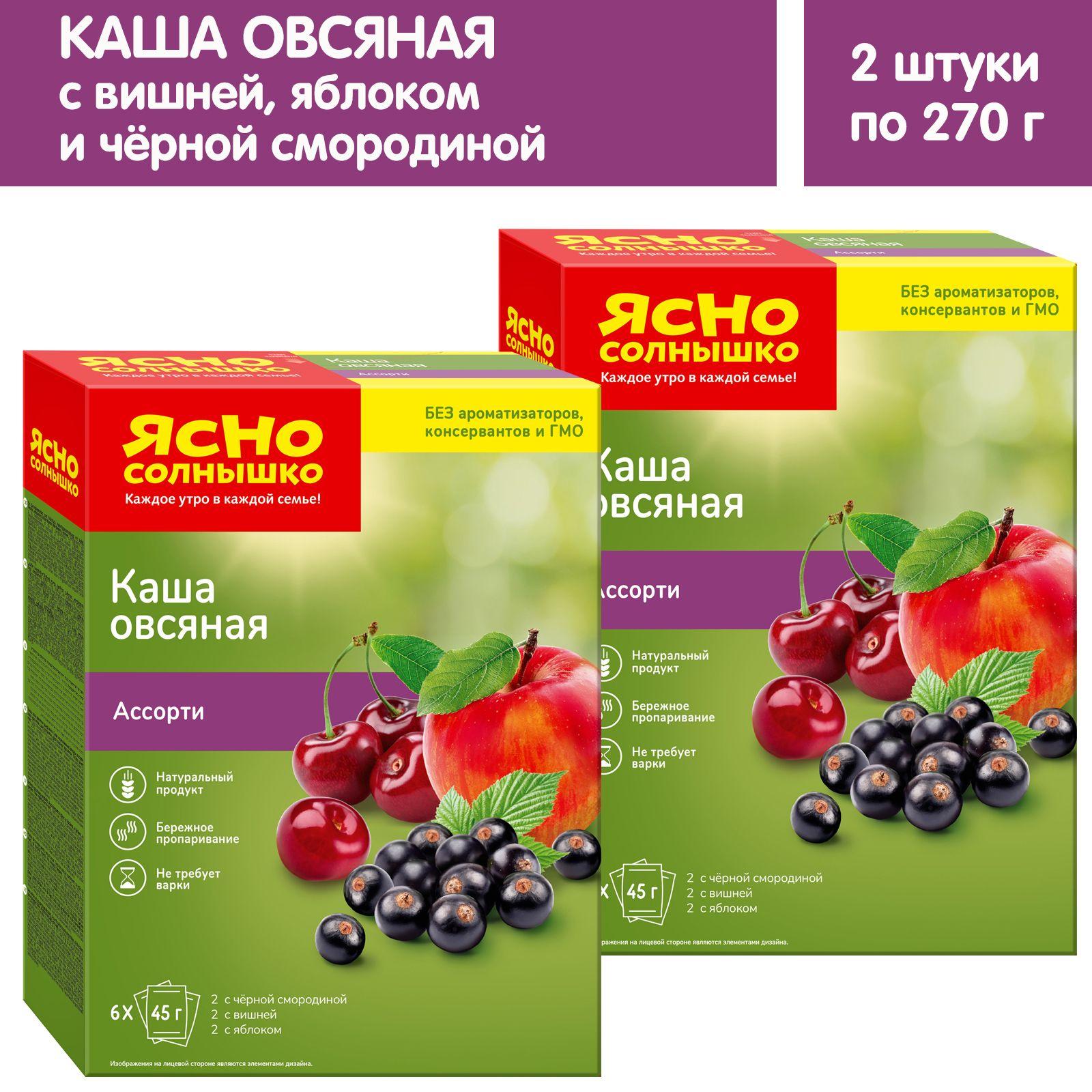 Каша овсяная Ясно солнышко Ассорти №15: с черной смородиной, вишней, яблоком 270г х 2шт, 12 порций