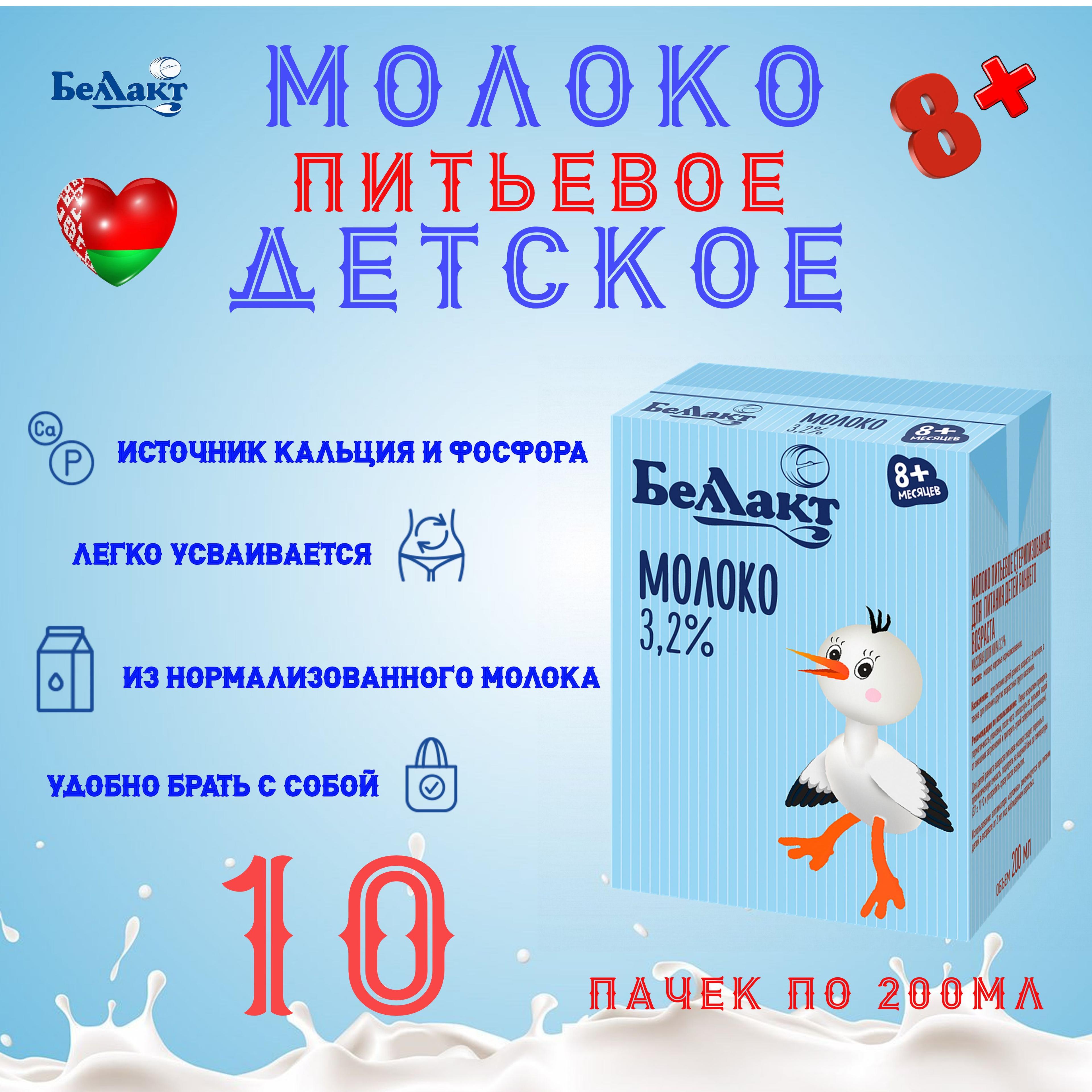 Молоко питьевое 3,2% для детей с 8 месяцев Беллакт Беларусь. 10 пачек по 200мл