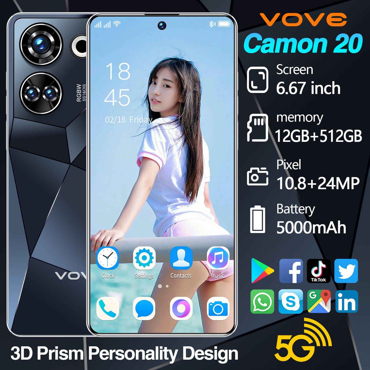 Смартфон Ультра тонкий новый мобильный телефон Camon 20 Dual SIM Dual Standby Smartphone Ультра низкая цена Музыкальный мобильный телефон Игровой мобильный телефон HP Большая память Большой аккумулятор Импортный чип Экстремальная производительность Фирменный мобил EU 12/512 ГБ, черный матовый, черный