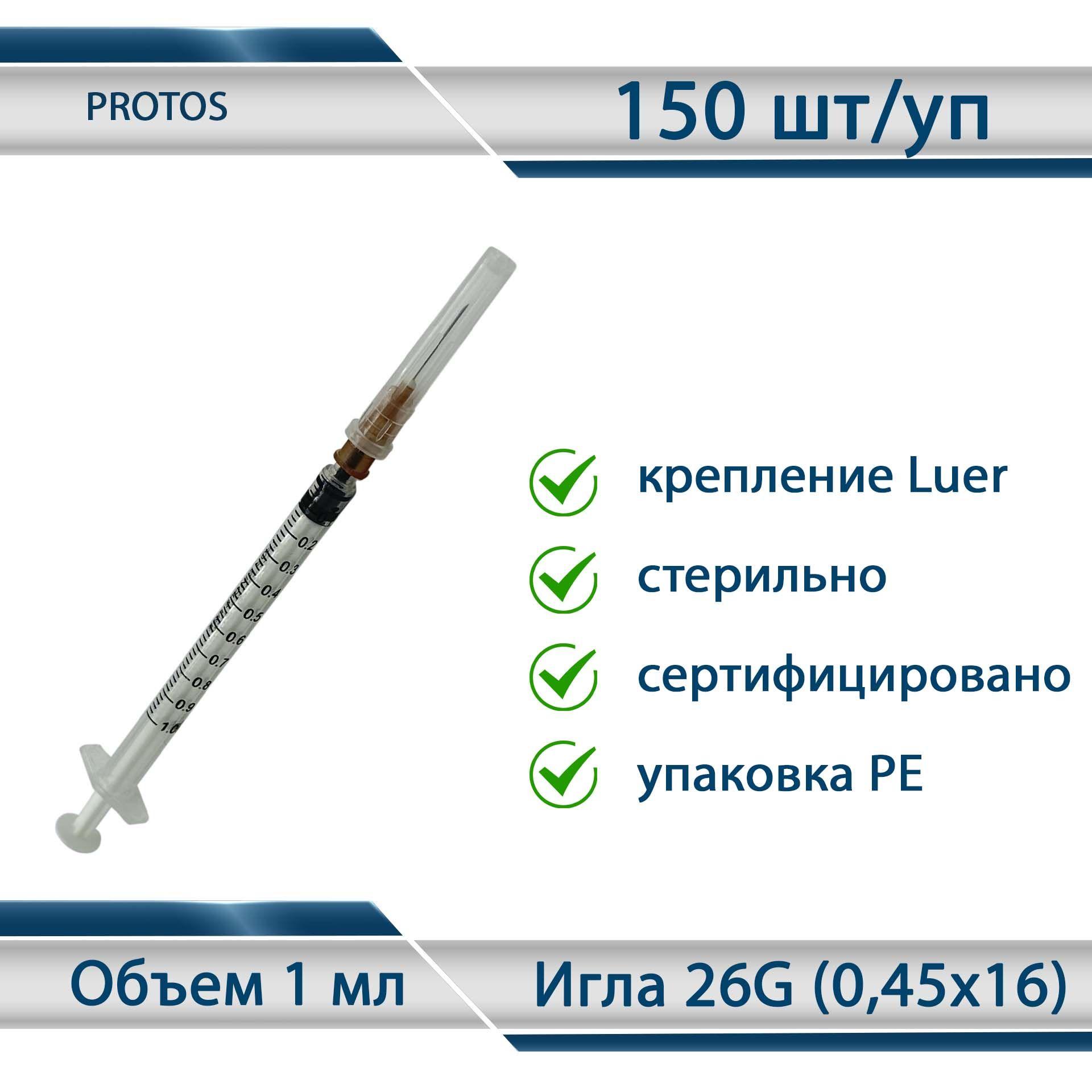 Шприцы трехкомпонентные Protos 1 мл, с иглой 26G (0,45х16), 150 шт