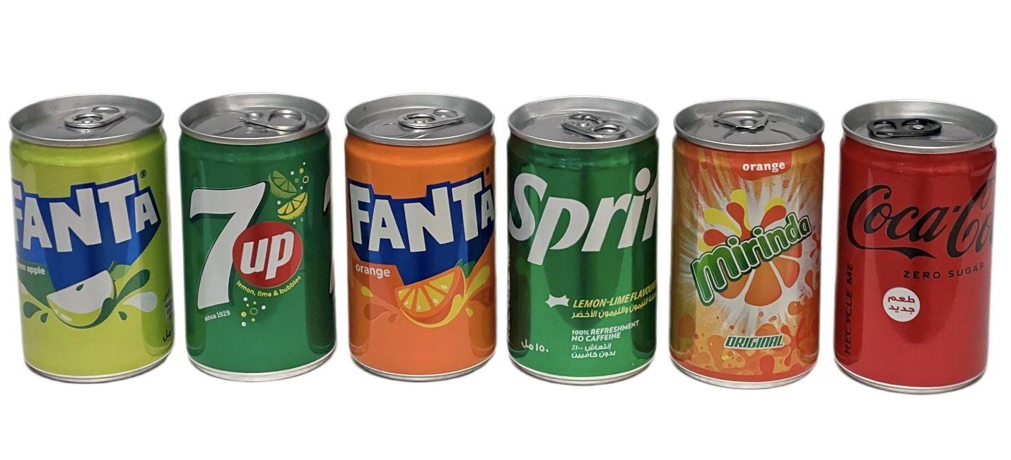 Набор газированных напитков Fanta, Coca-Cola, Sprite, 7UP, Mirinda, (р. Ирак), (6 шт. по 150 мл)