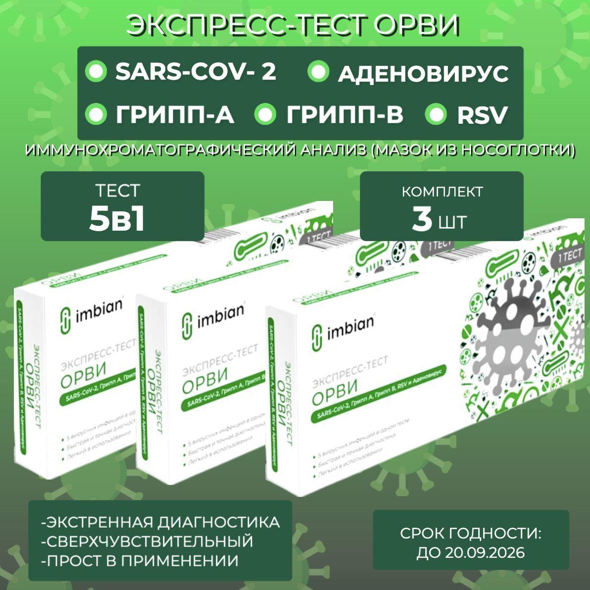 Экспресс тест ОРВИ (3 комплекта) на 5 вирусов: Ковид-19, Грипп А и В, Аденовирус, Респираторно-синцитиальный вирус (RSV)