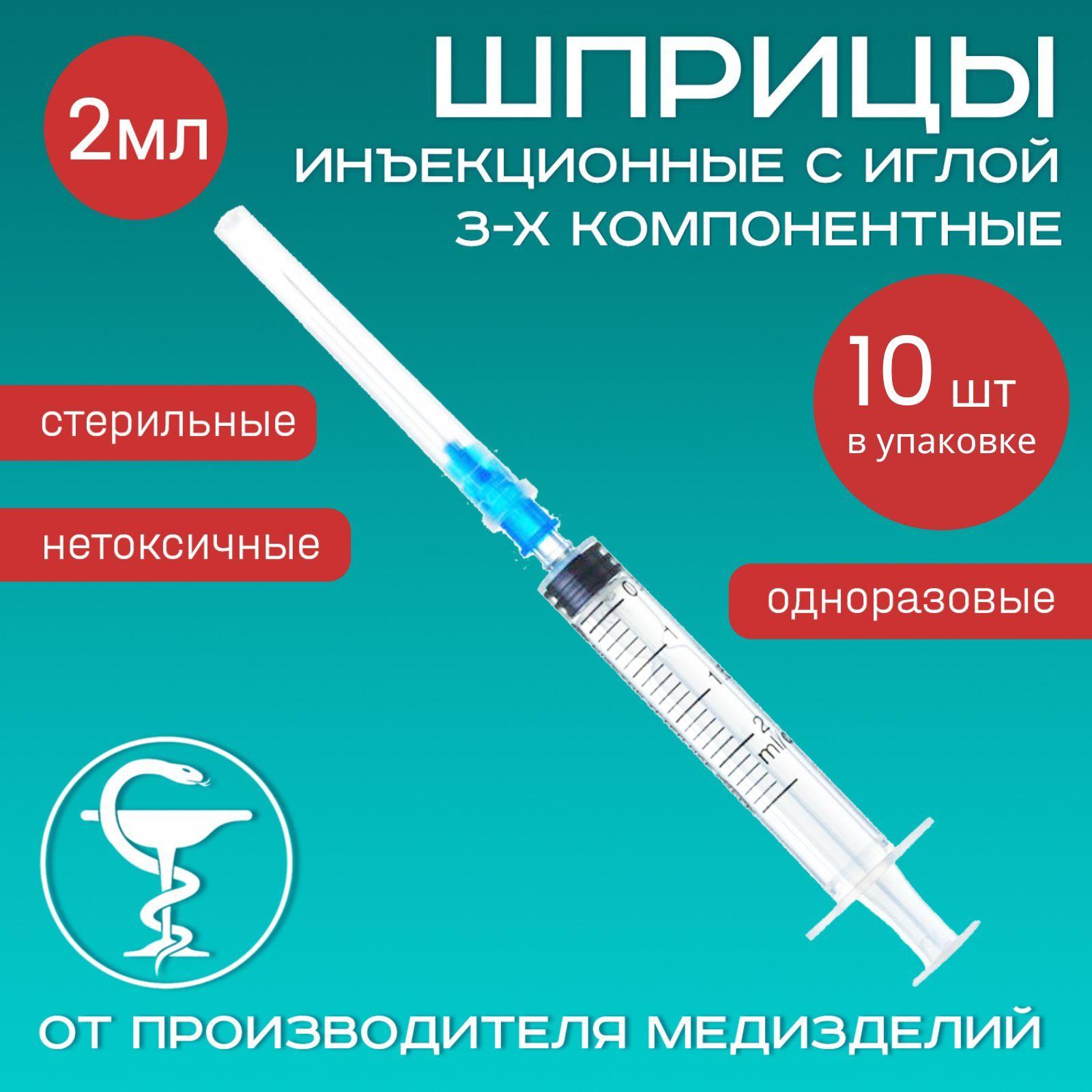 Шприцы медицинские 2 мл 10 шт 3-х компонентные инъекционные одноразовые с иглой