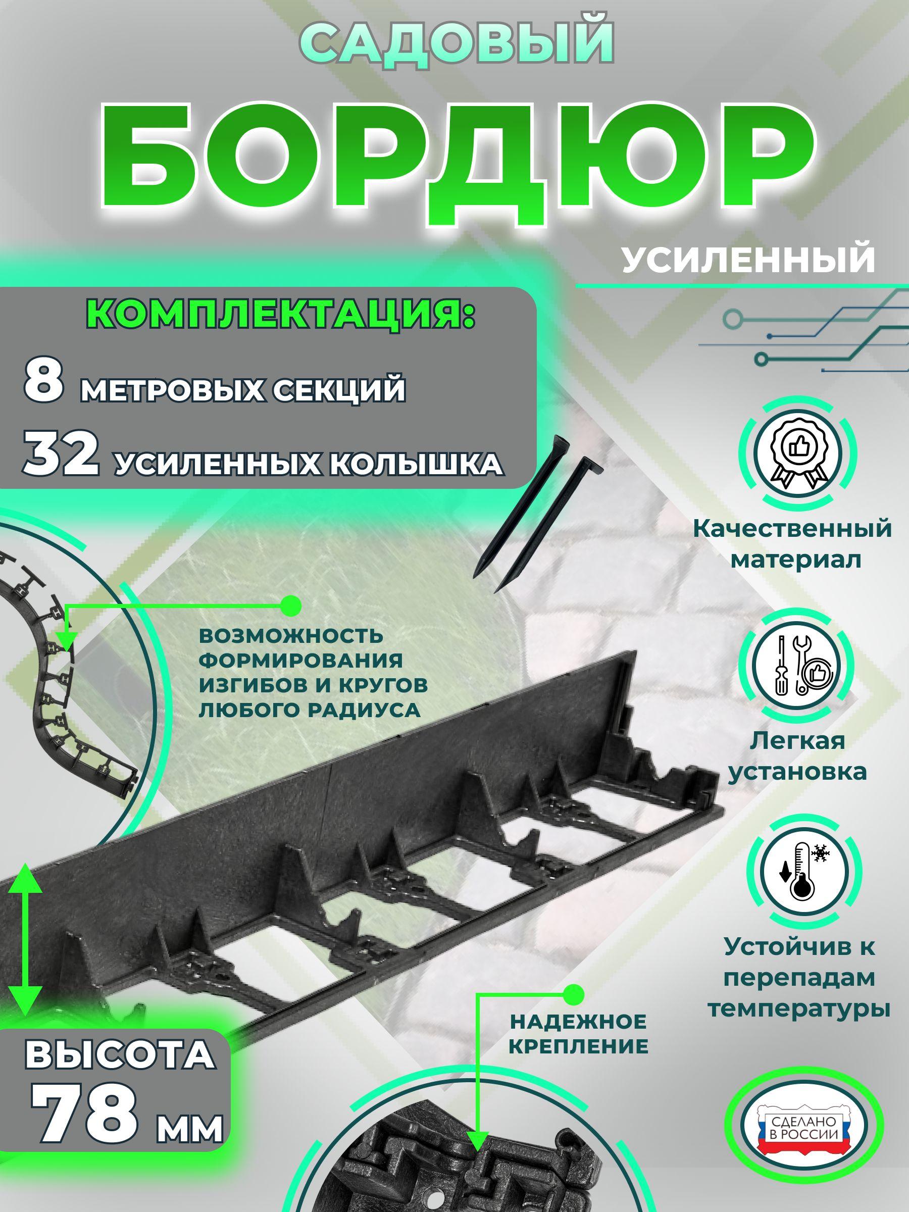 Садовый пластиковый бордюр АКАПЛАСТ, высота 78 мм. Комплект-8 метровых секций и 32 усиленных колышков 250 мм. Чёрный