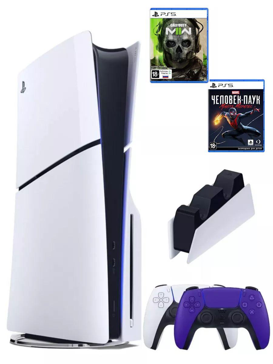 PS5 (ПС5) Игровая приставка Sony PlayStation 5 Slim disk+ 2-й геймпад(фиолетовый) + зарядное + 2 игры Call of Duty + Человек паук: Майлз Моралес, 1000Gb