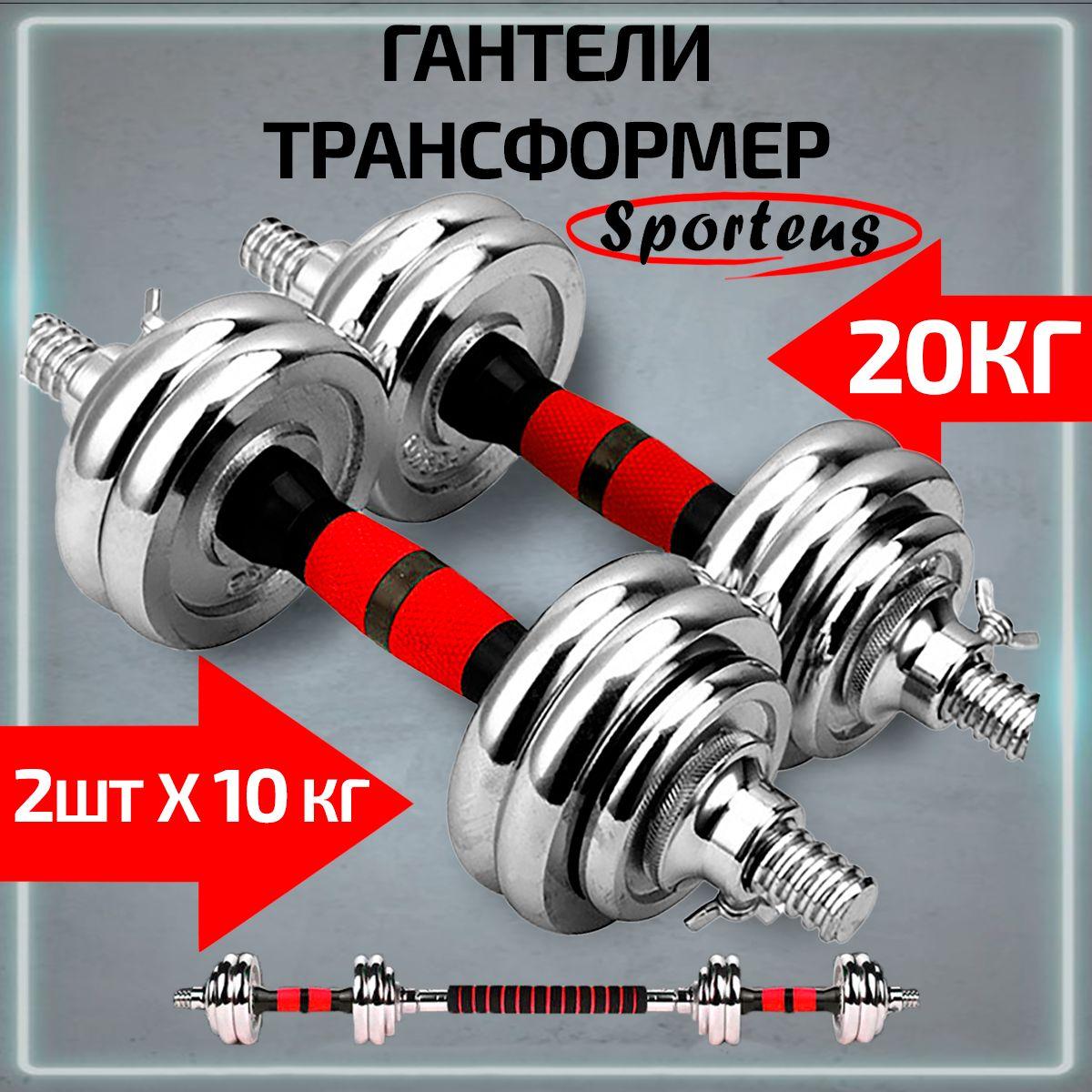 Гантели разборные стальные Sporteus 2 шт по 10 кг с коннектором для штанги в кейсе, красный