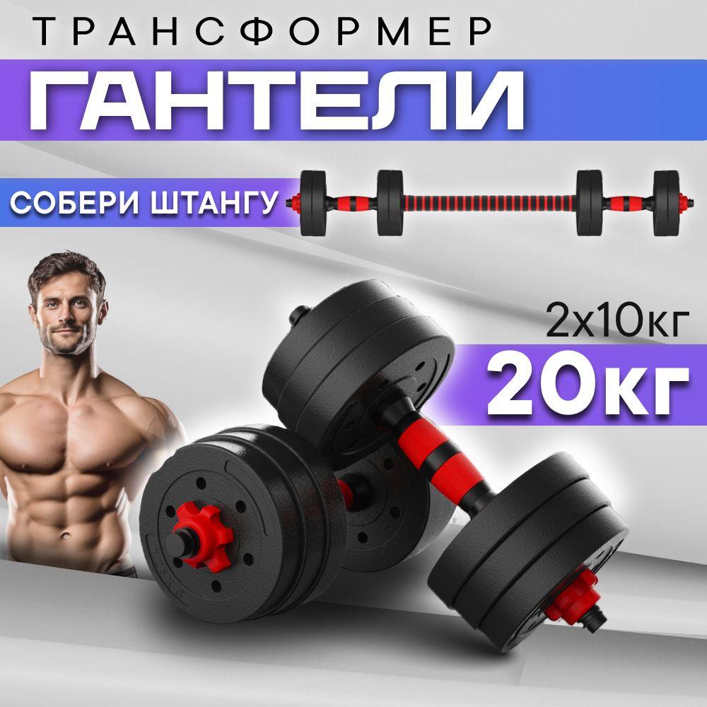 тутСПОРТ | Гантели трансформер 20 кг, 2 шт. по 10 кг, для фитнеса и спорта, набор с грифом, разборные регулируемые, черный-красный цвет, для тренировок.