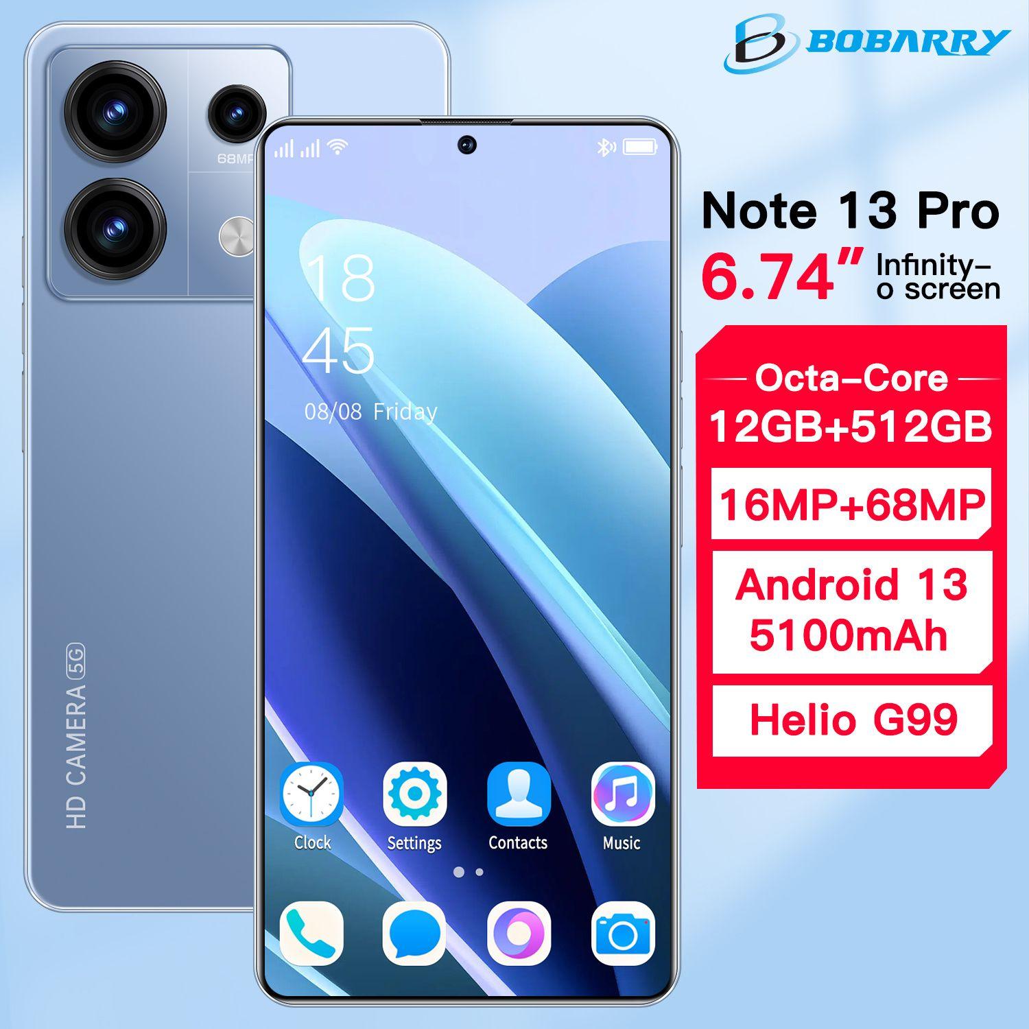 Bobarry Смартфон Note 13 Pro USB-C смартфон,12 ГБ + 512 ГБ памяти большой емкости, 16 МП + 68 МП сверхвысоких пикселей, 6,67-дюймовый экран высокой четкости, батарея емкостью 5100 мАч,небесно-голубой Global 12/512 ГБ, лазурный