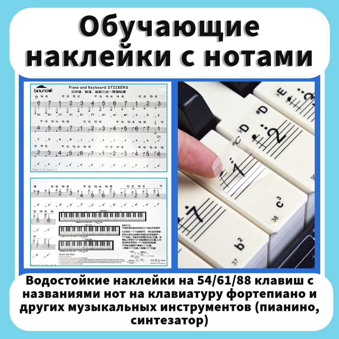 Наклейки с нотами обучающие на 54/61/88 клавиш пианино, синтезатор, фортепьяно, аккордиона