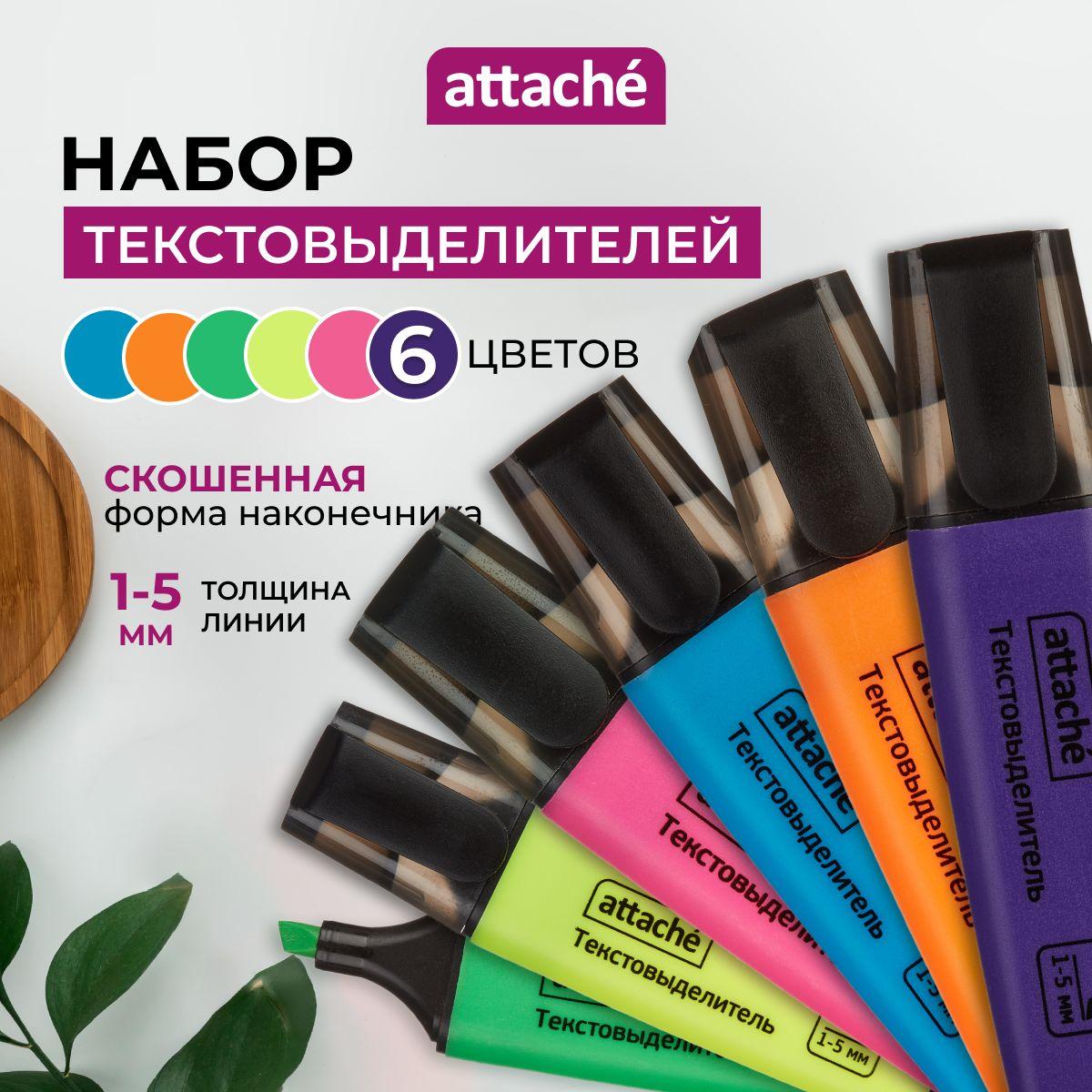 Текстовыделители Attache, яркие цвета, линия 1-5 мм, набор 6 шт