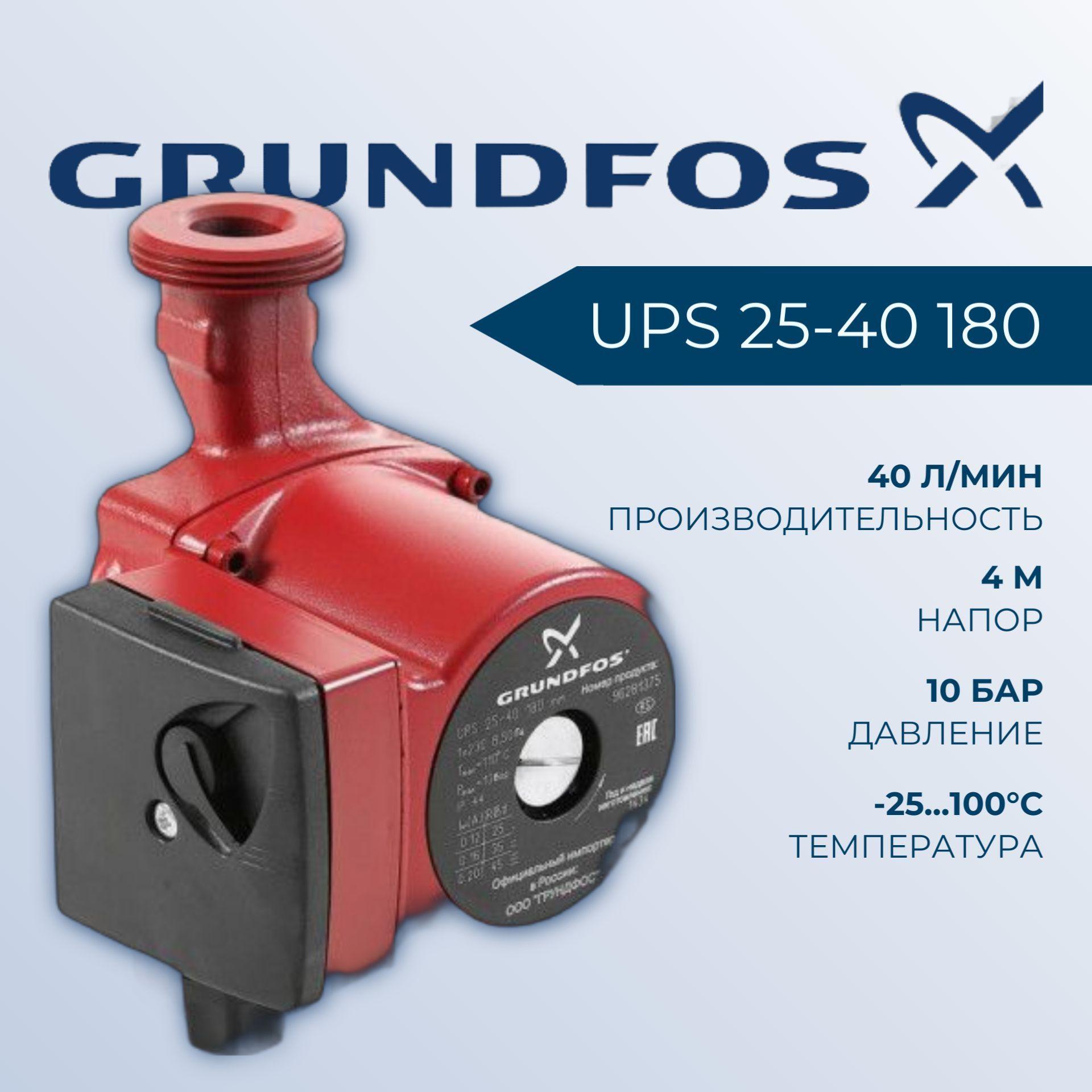 Циркуляционный насос для систем отопления Grundfos UPS 25-40 (96281375) DN25 подъем 4 м 180 мм с гайками