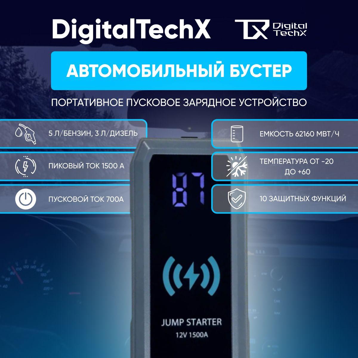 Пусковое зарядное устройство для автомобиля DigitalTechX с беспроводной зарядкой, фонариком и дисплеем, емкость аккумулятора 16800 мАч (бустер автомобильный)