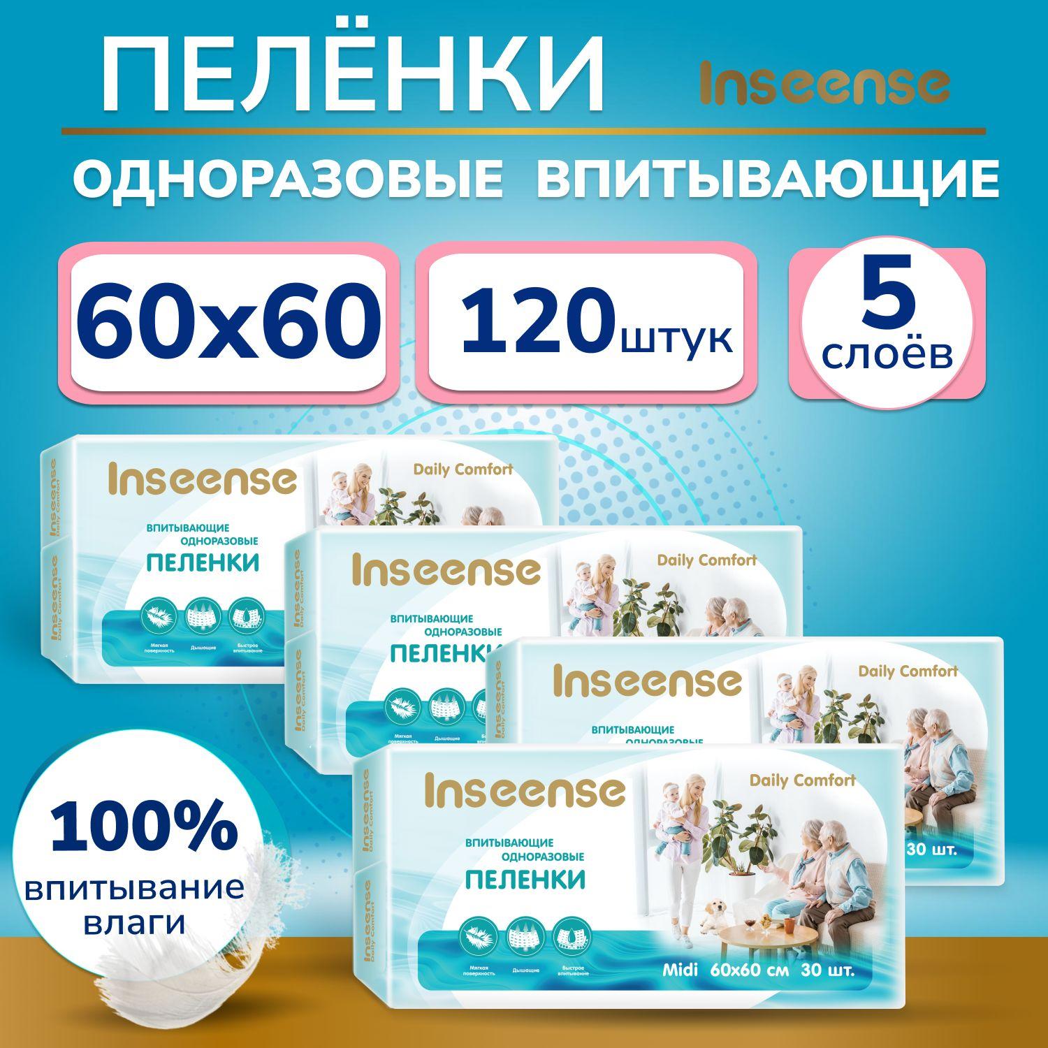 INSEENSE | Пеленки одноразовые детские 60 на 60 см., 120 штук