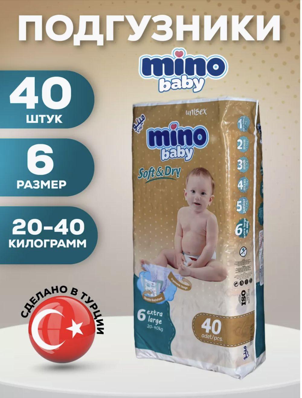 Подгузники Mino Baby для новорожденных 6 размер, 20-40кг