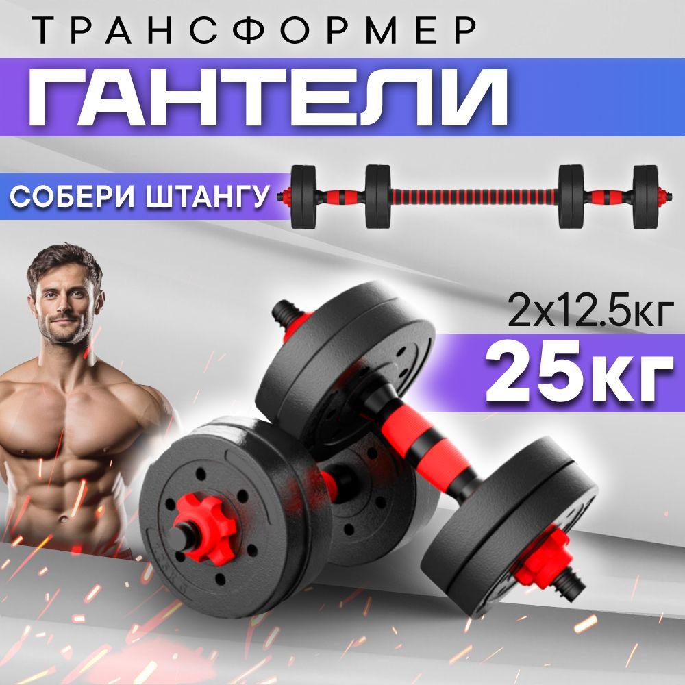 тутСПОРТ | Гантели трансформер 25 кг, 2 шт. по 12,5 кг для фитнеса и спорта регулируемые. Набор с грифом, разборные, черный, красный цвет, для тренировок.