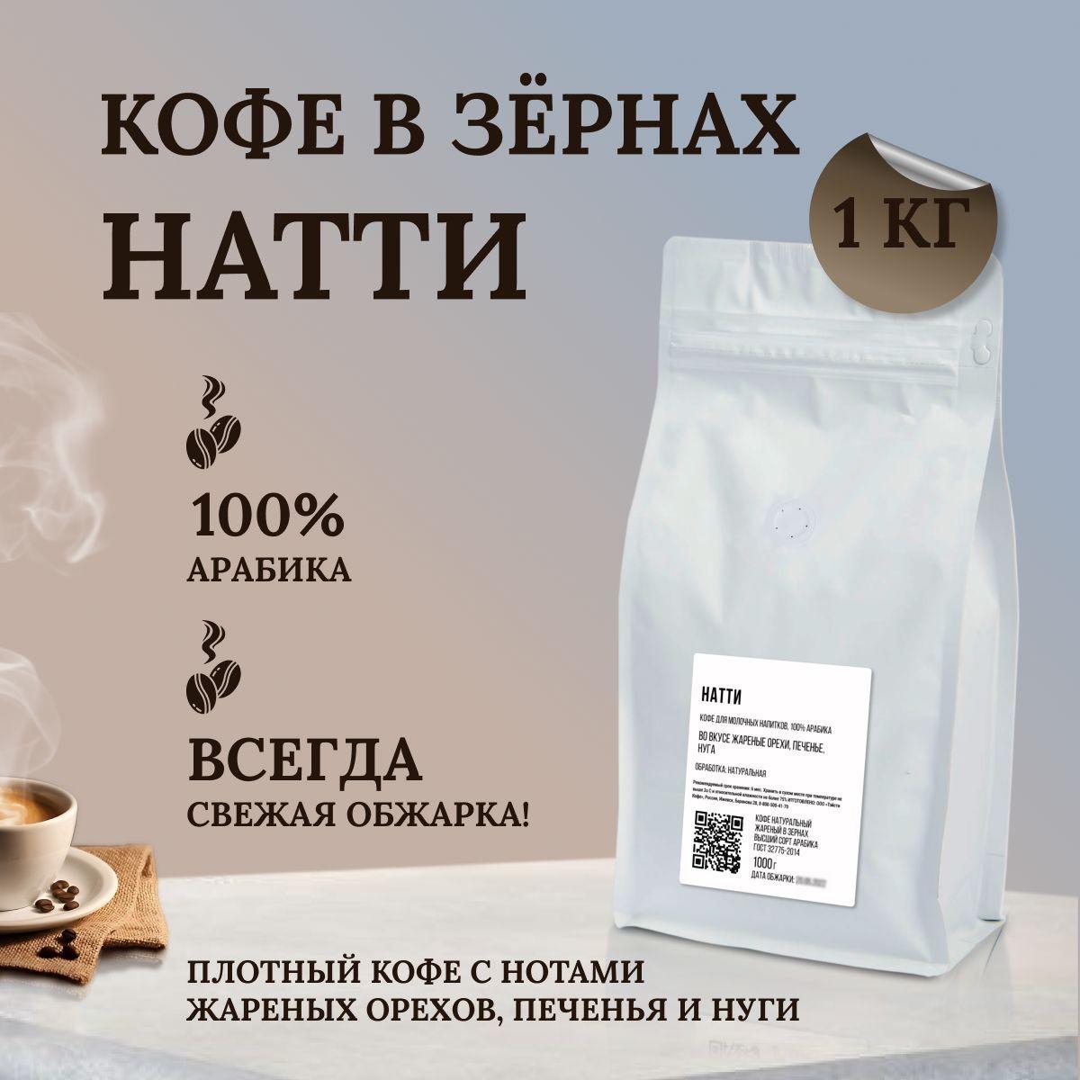 Кофе в зернах 1 кг арабика 100% Натти для кофемашины, турки свежеобжаренный натуральный