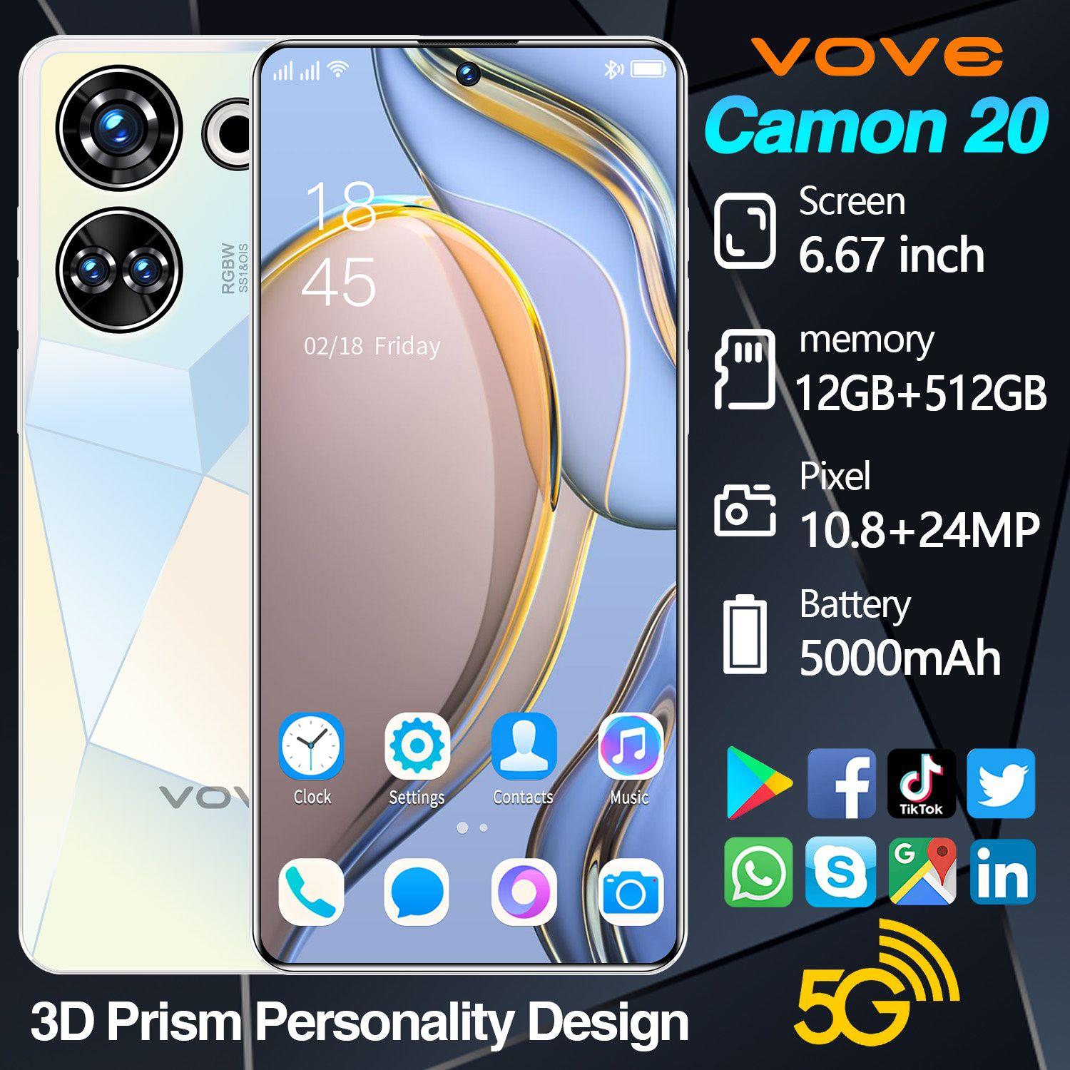 vove Смартфон Смартфон Camon20, новая тонкая модель, большой HD-экран, HD-камера, длительное время автономной работы, умный андроид-телефон EU 12/256 ГБ, белый