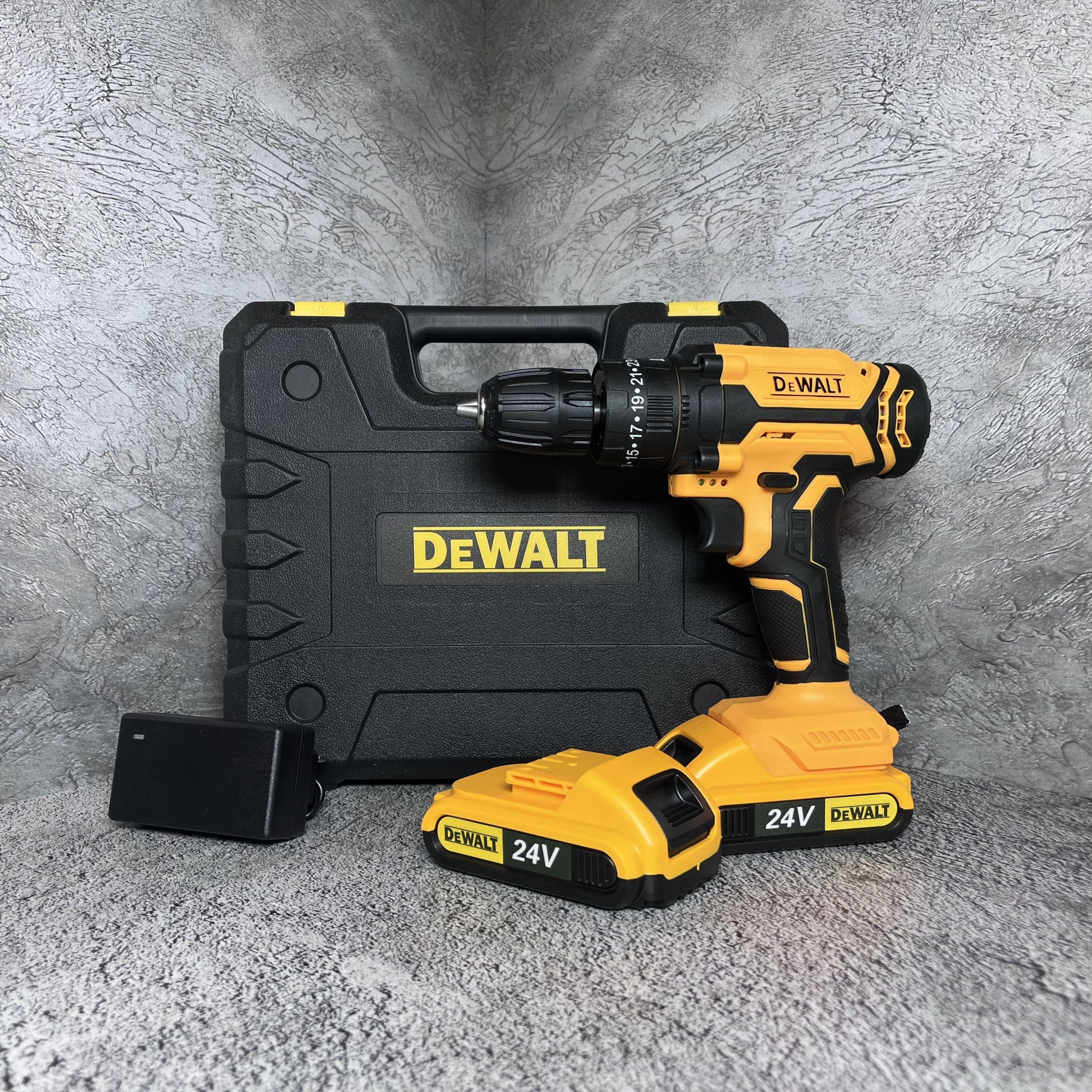 Шуруповерт аккумуляторный DeWalt 24v, 2.0 А*ч / Кейс с набором инструментов, бит, свёрл, головок 24 предмета / Многофункциональный для сверления, закручивания , УДАРНЫЙ 2 АКБ.