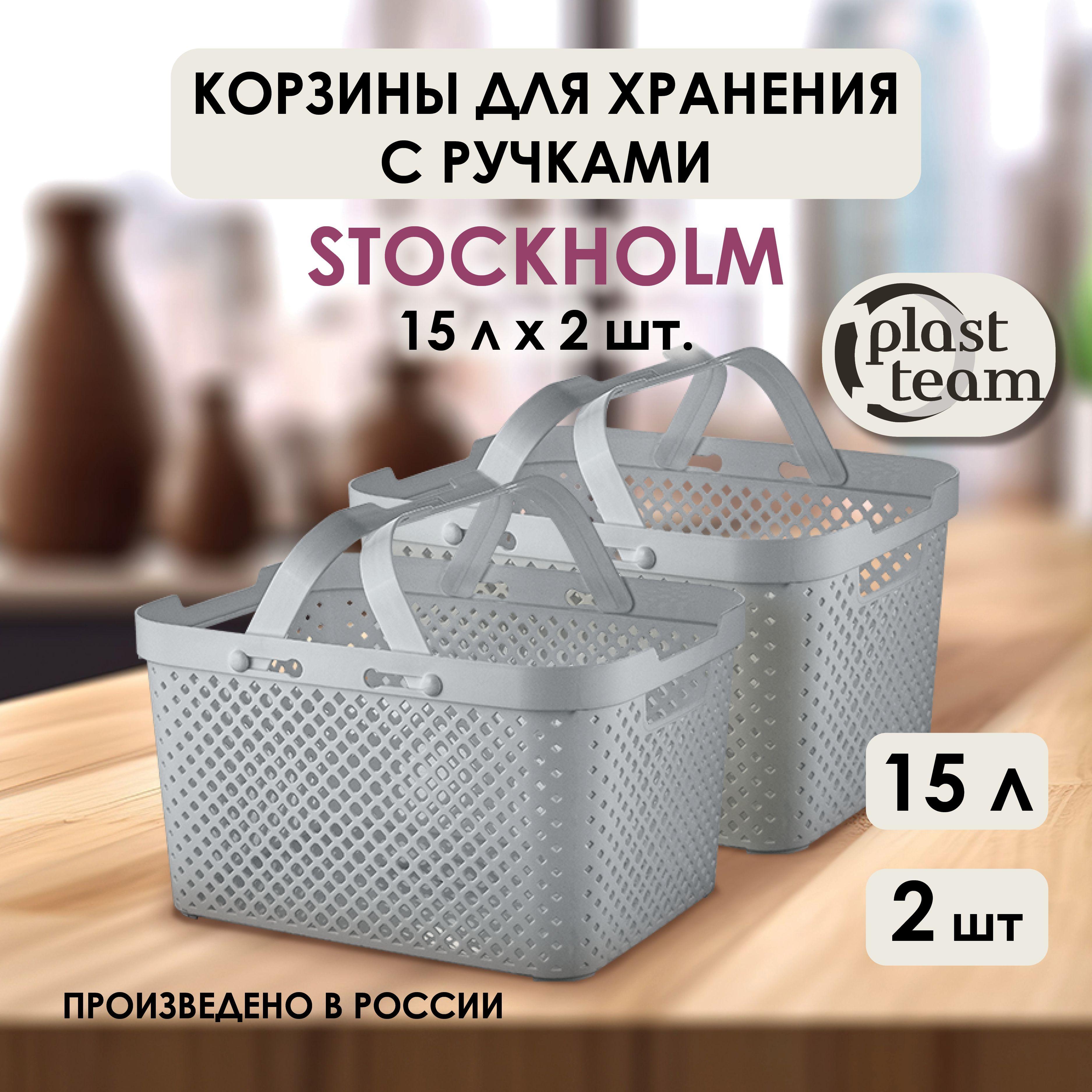 Корзины для хранения с ручками 2 шт Plast Team Stockholm, 15 л, серый шторм контейнеры пластиковые, органайзеры для мелочей