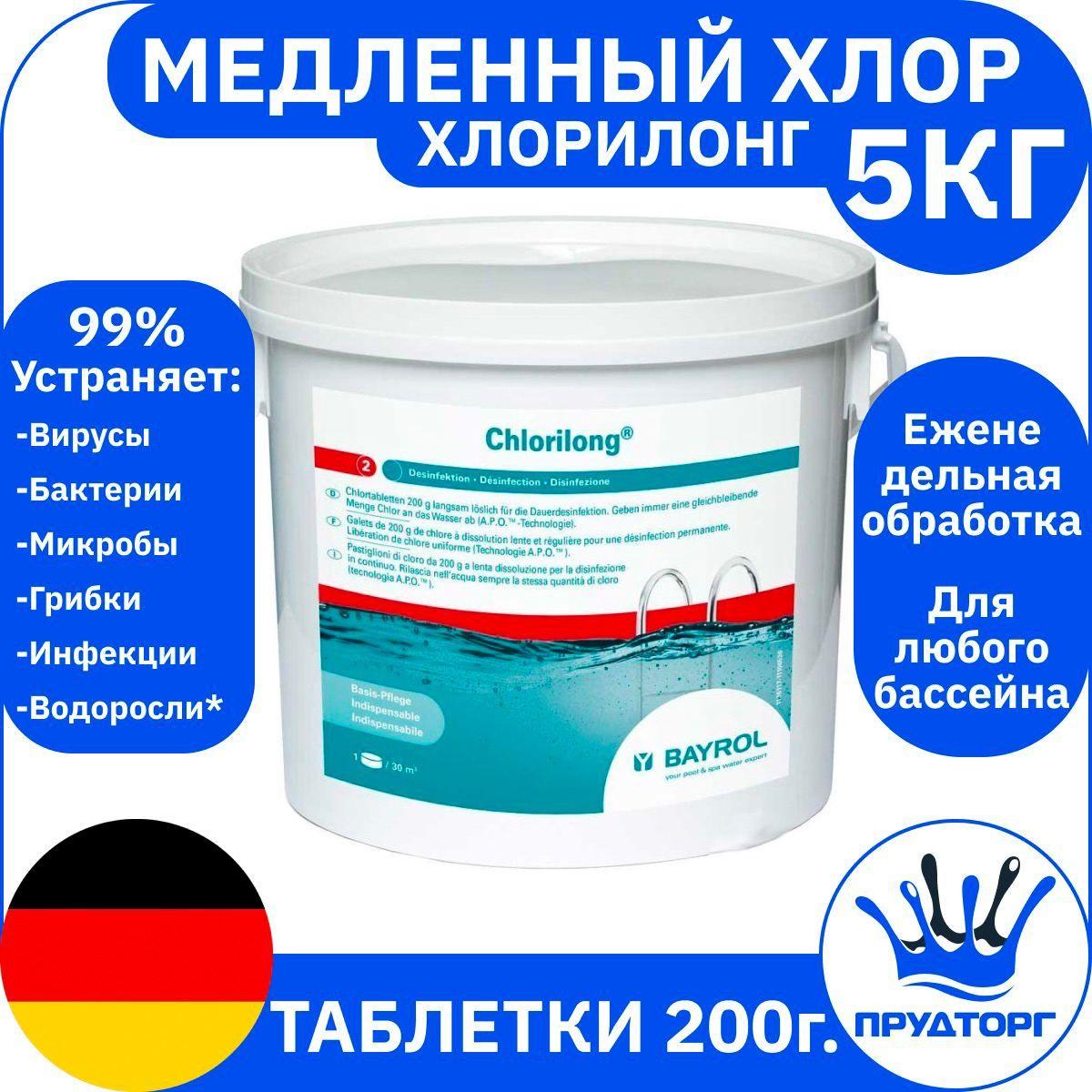 Химия для бассейна "Хлорилонг" (5 кг) Таблетки 200 гр. / Немецкое средство для ухода за водой "Bayrol", Медленный хлор для дезинфекции и очистки воды