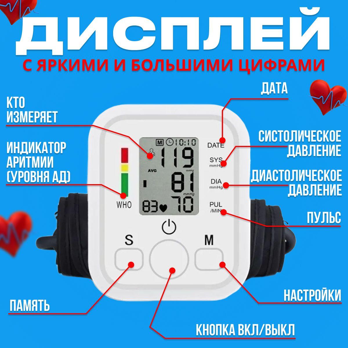 Тонометр автоматический для измерения давления, аппарат с индикатором аритмии, измеритель артериального давления с озвучкой