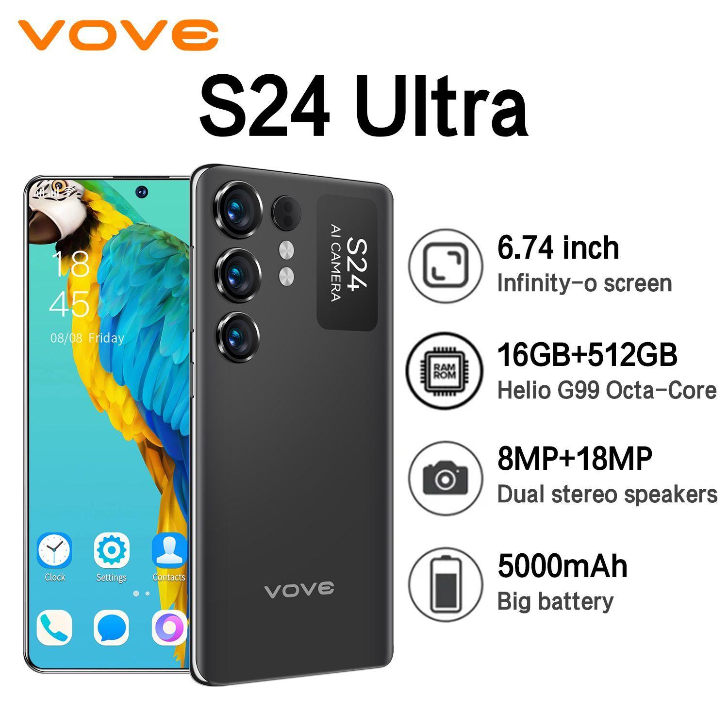 vove Смартфон Андроид смартфон S24ultra, 16+512 Гб, 6,74 дюйма, Android 13, игровой смартфон, универсальный смартфон，черный EU 16/512 ГБ, черный