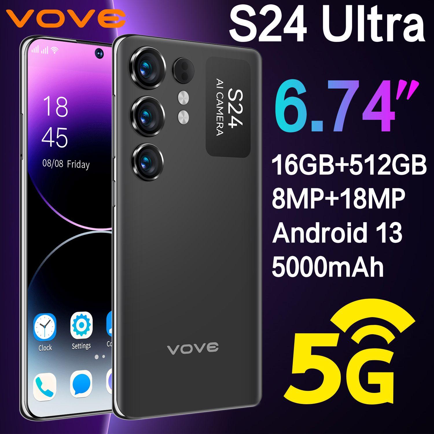 vove Смартфон Ультратонкий новый мобильный телефон S24 Ultra Смартфон Dual SIM Dual Standby Ультранизкая цена Музыкальный мобильный телефон Игровой кинотеатр HP Большая память Большая батарея i13 pro max VOVE Импортный чип Экстремальная работа Бренд мобильного телефо EU 16/512 ГБ, черный