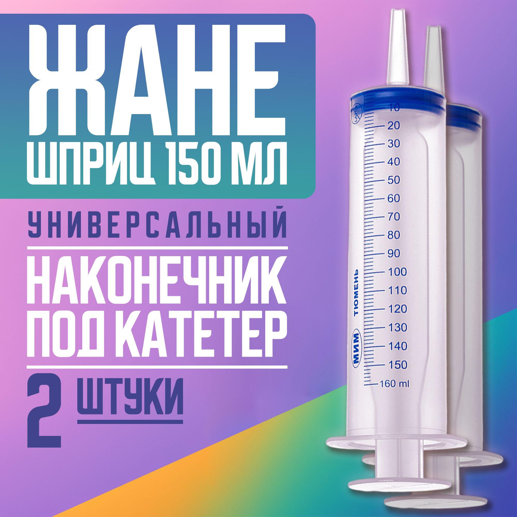 Большой шприц медицинский ЖАНЕ 150 мл с наконечником под КАТЕТЕР / для смазки - 2 штуки