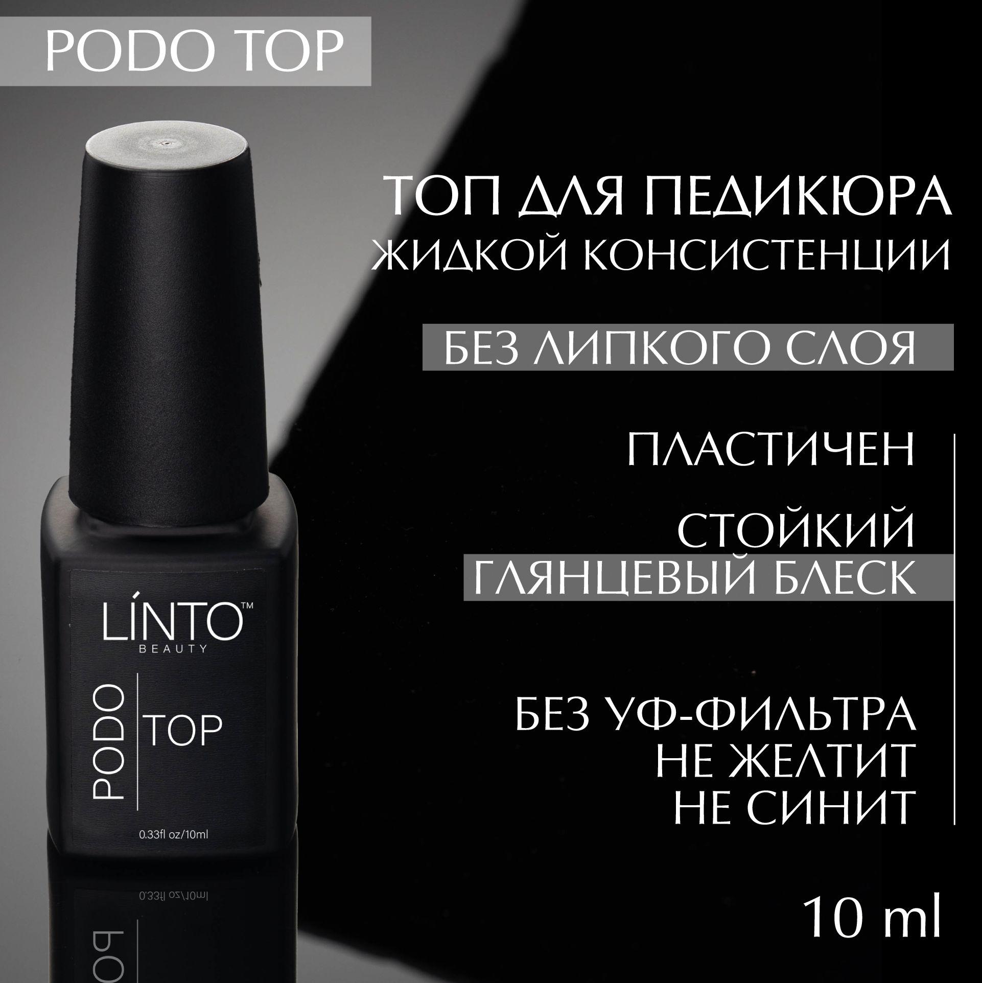 PODO TOP топ для педикюра без липкого слоя LiNTO жидкой консистенции, позволяет сделать покрытие еще тоньше, стойкий глянец